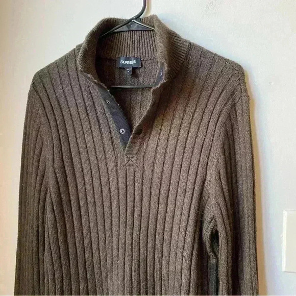 Express Chocolate Brown Buttoned Half-Zip Sweater, Size M - Picture 3 of 11